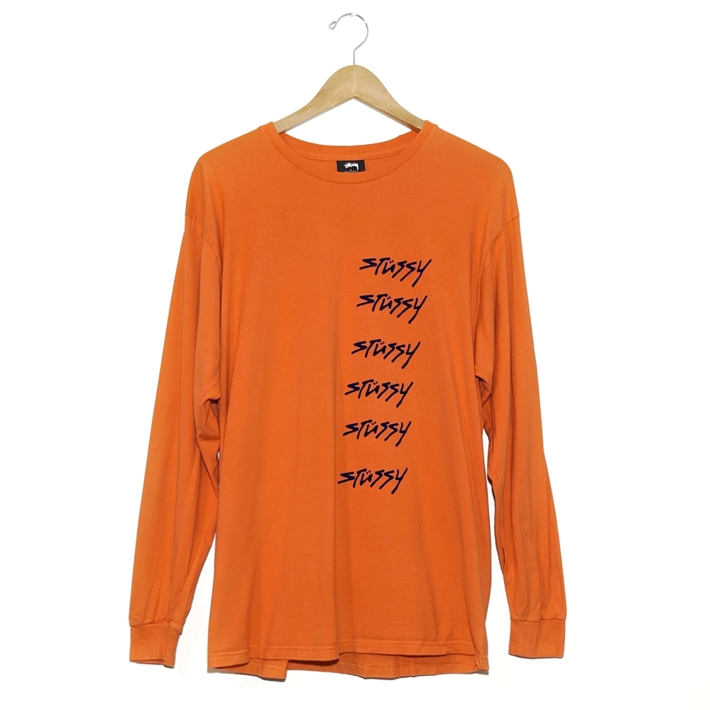 STUSSY Mens T Shirt Long Sleeve Orange Blue Felt Repeating Logo Cotton Large